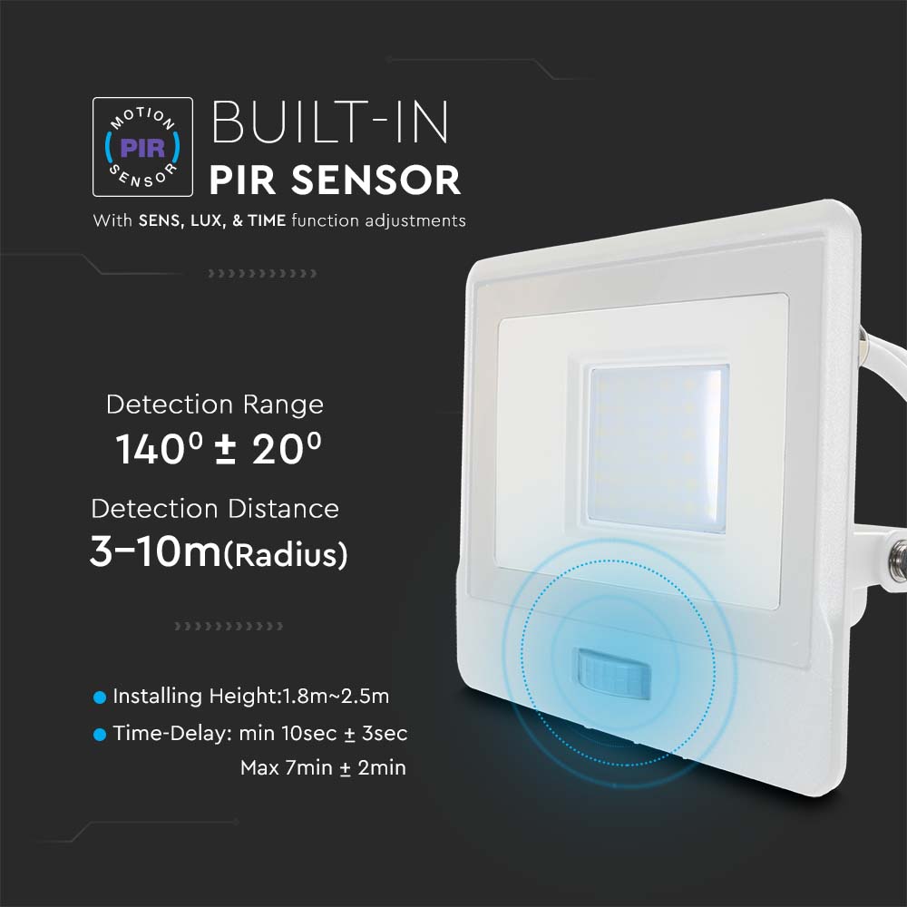 30W Naświetlacz LED SMD z czujnikiem ruchu / Chip SAMSUNG / Przewód: 1m / Barwa:4000K / Obudowa: Biała