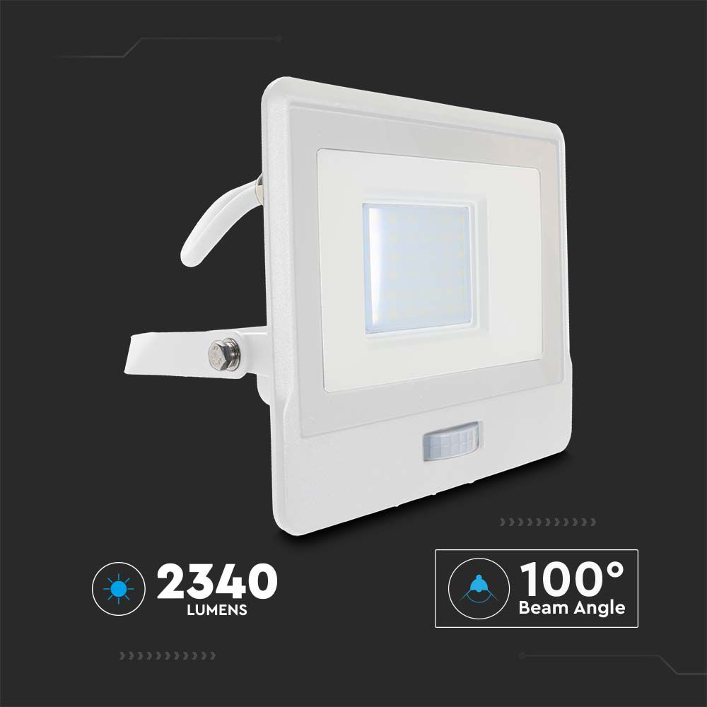 30W Naświetlacz LED SMD z czujnikiem ruchu / Chip SAMSUNG / Przewód: 1m / Barwa:6500K / Obudowa: Biała