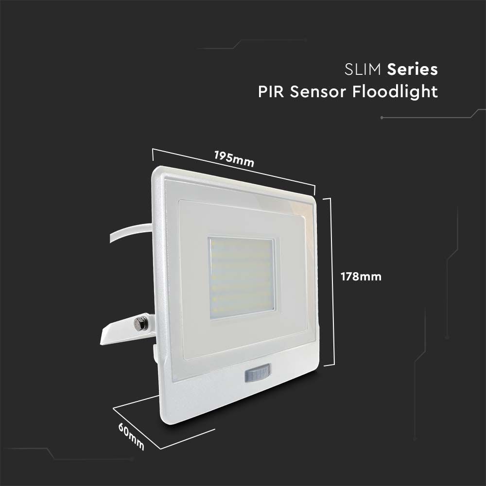 50W Naświetlacz LED SMD z czujnikiem ruchu / Chip SAMSUNG / Przewód: 1m / Barwa:3000K / Obudowa: Biała