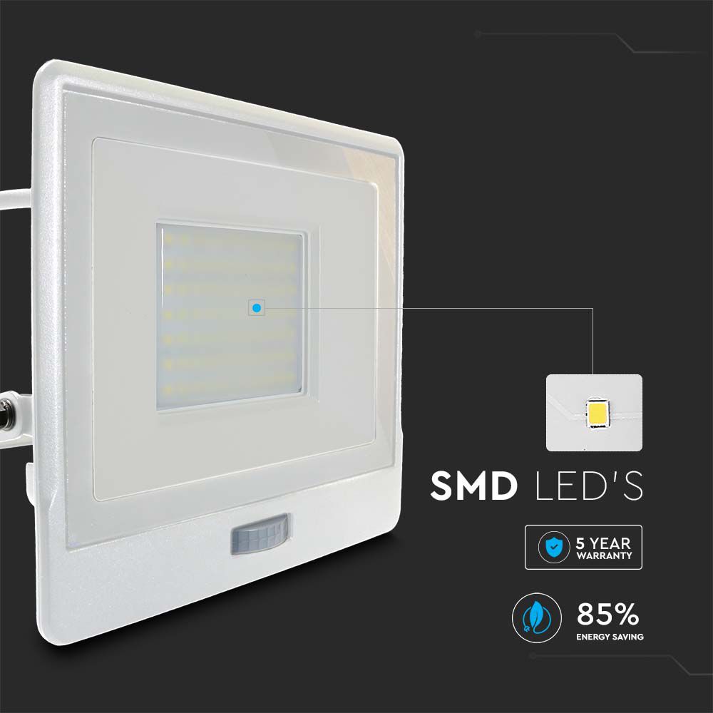50W Naświetlacz LED SMD z czujnikiem ruchu / Chip SAMSUNG / Przewód: 1m / Barwa:4000K / Obudowa: Biała