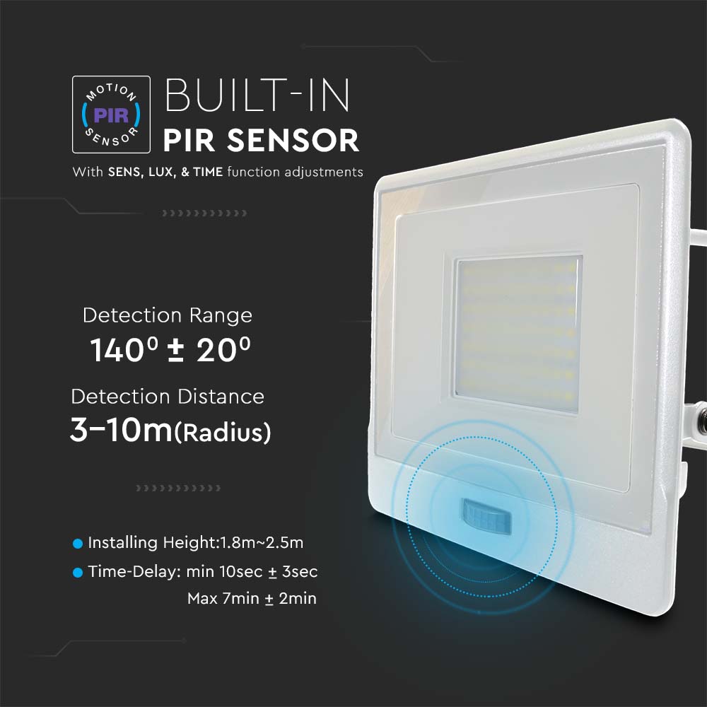 50W Naświetlacz LED SMD z czujnikiem ruchu / Chip SAMSUNG / Przewód: 1m / Barwa:3000K / Obudowa: Biała