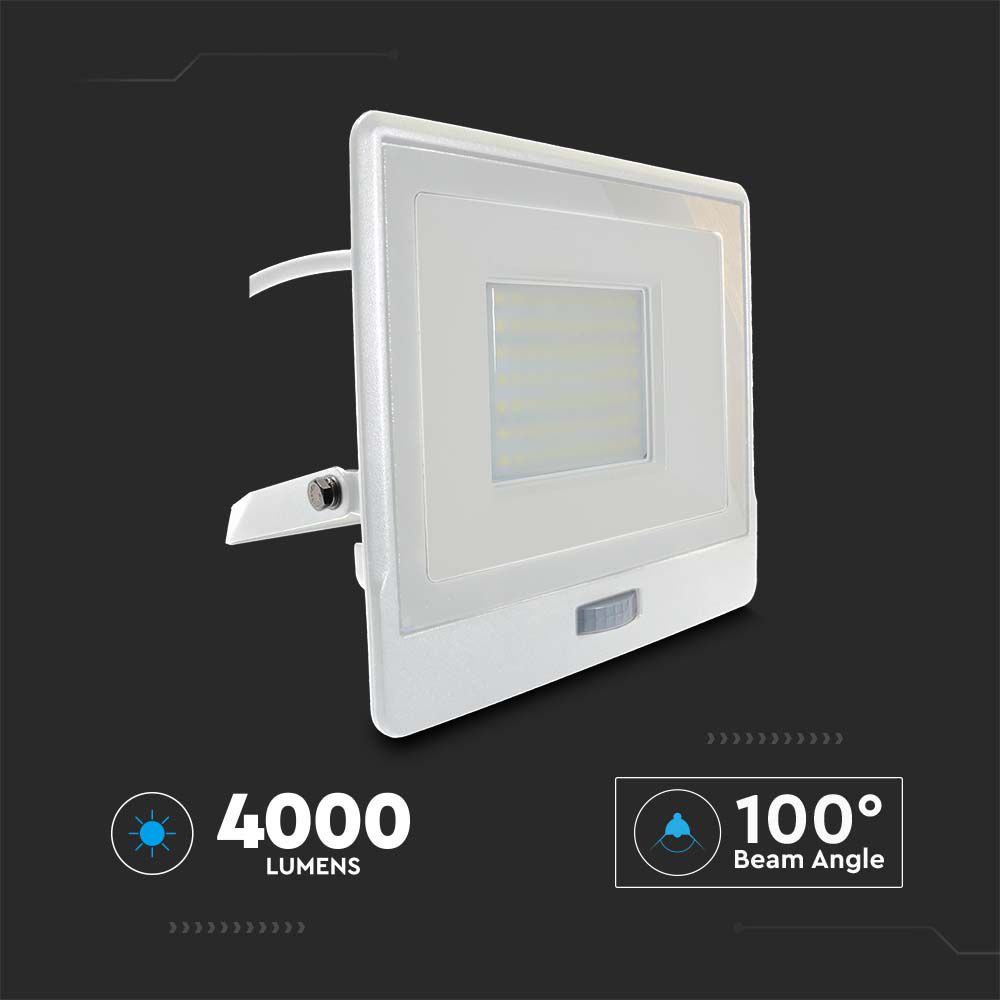 50W Naświetlacz LED SMD z czujnikiem ruchu / Chip SAMSUNG / Przewód: 1m / Barwa:6500K / Obudowa: Biała