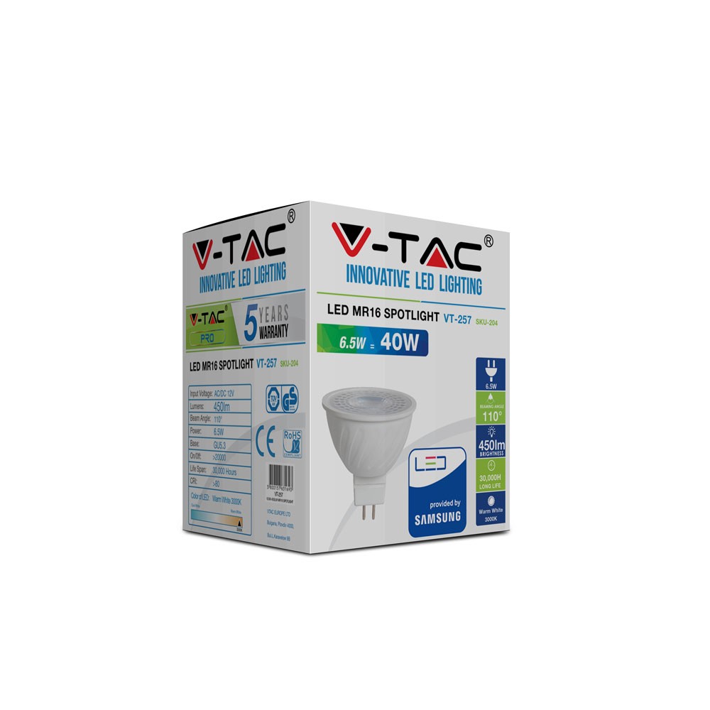 6.5W MR16 Żarówka LED / Chip SAMSUNG / Barwa:6400K / Kąt 110' / Trzonek:G5,3