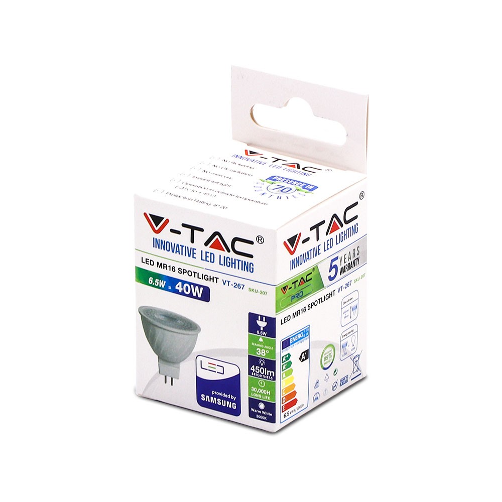 6.5W MR16 Żarówka LED / Chip SAMSUNG / Barwa:3000K / Kąt 38' / Trzonek:G5,3