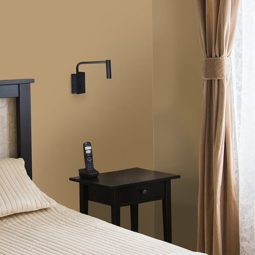 3W Kinkiet hotelowy LED z włącznikiem i gniazdem USB / Barwa:3000K / Czarny