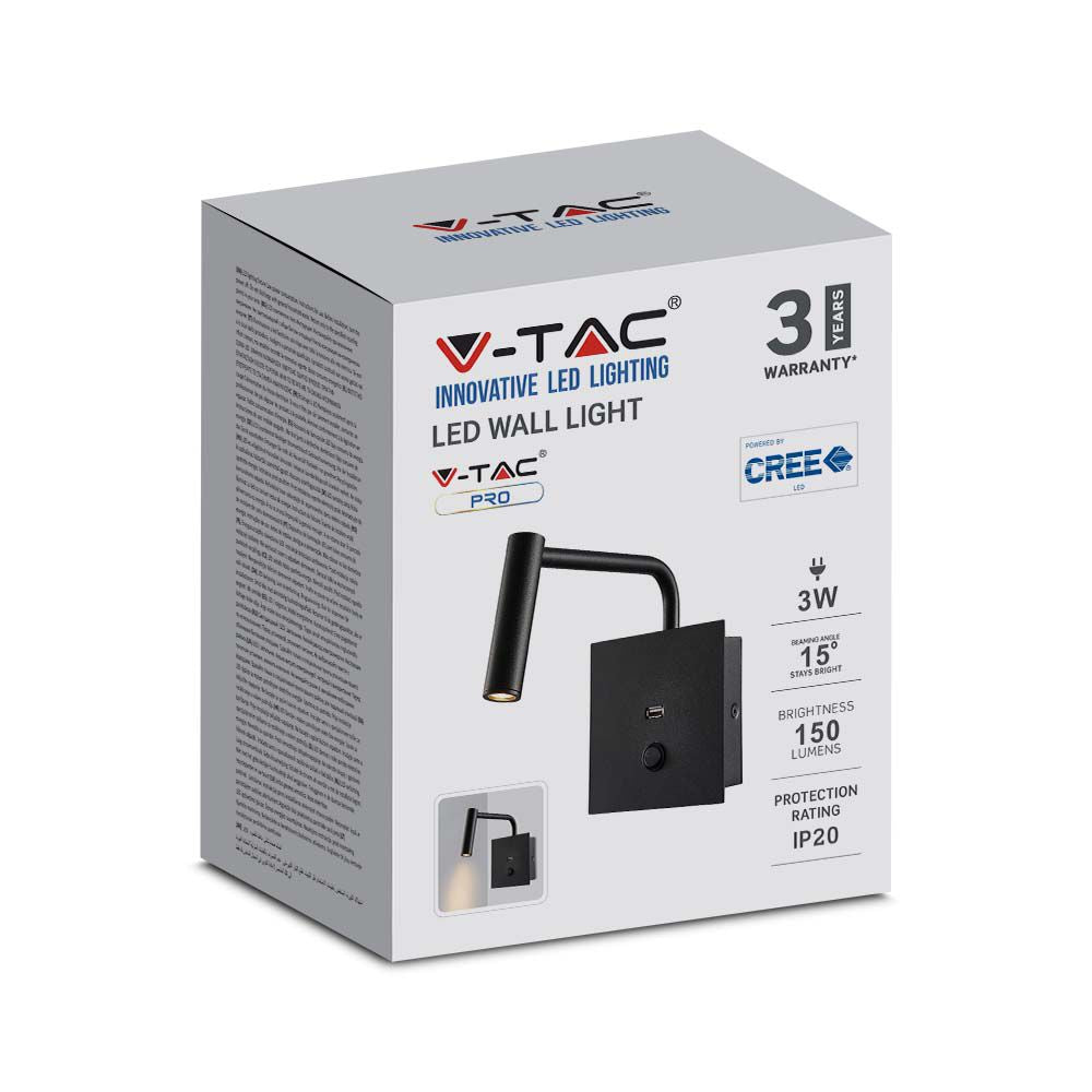 3W Kinkiet hotelowy LED z włącznikiem i gniazdem USB / Barwa:3000K / Czarny