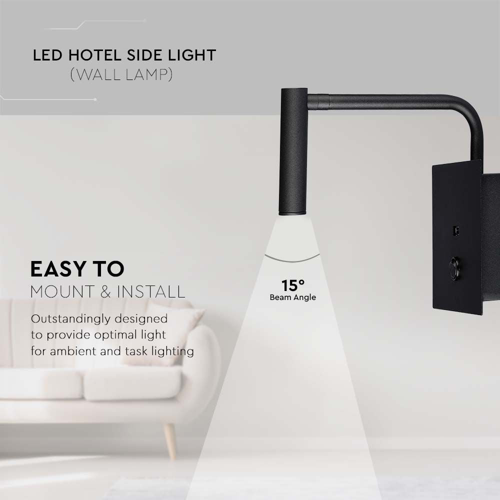 3W Kinkiet hotelowy LED z włącznikiem i gniazdem USB / Barwa:3000K / Czarny