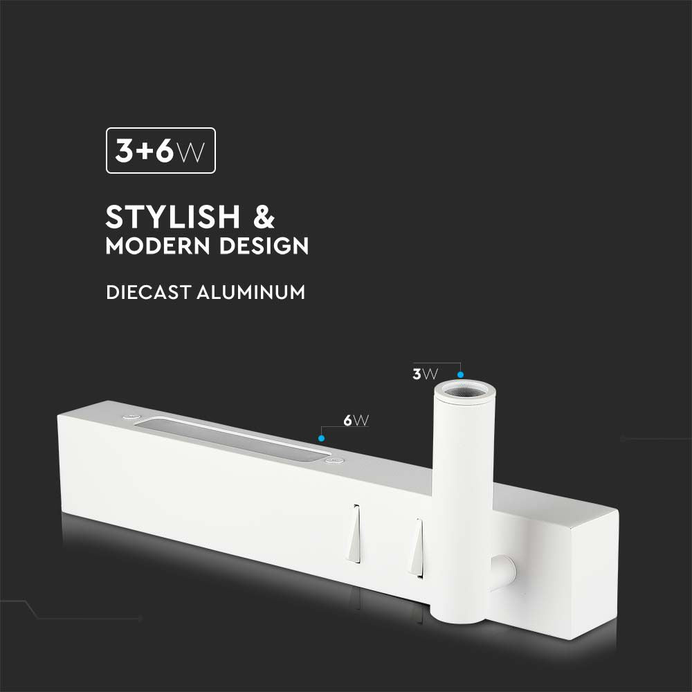 3W+6W Hotelowa lampa ścienna LED / Barwa: 3000K / Kolor: Biały