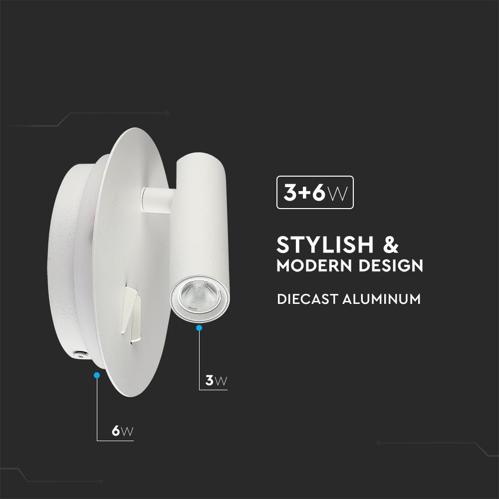 LED 3W+SMD 6W Hotelowa lampa ścienna LED / Barwa: 3000K / Kolor: Biały