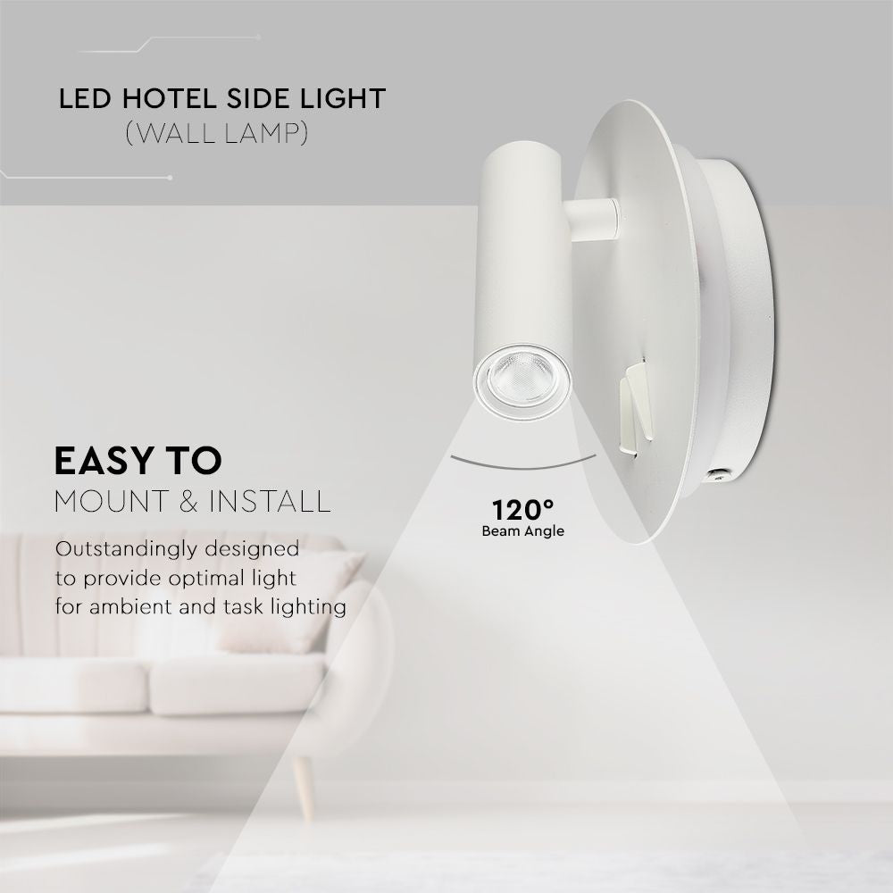 LED 3W+SMD 6W Hotelowa lampa ścienna LED / Barwa: 3000K / Kolor: Biały