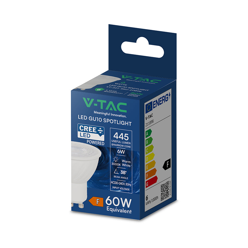 6W GU10 Żarówka LED / Chip CREE / Barwa:3000K / Kąt 38' / Trzonek:GU10 / 6 Lat gwarancji