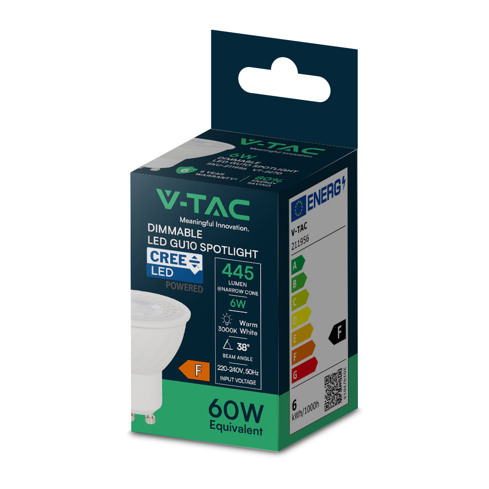 6W GU10 Żarówka LED / Chip CREE / Barwa:3000K / Kąt 38' / Ściemniana / Trzonek:GU10 / Gwarancja: 6lat