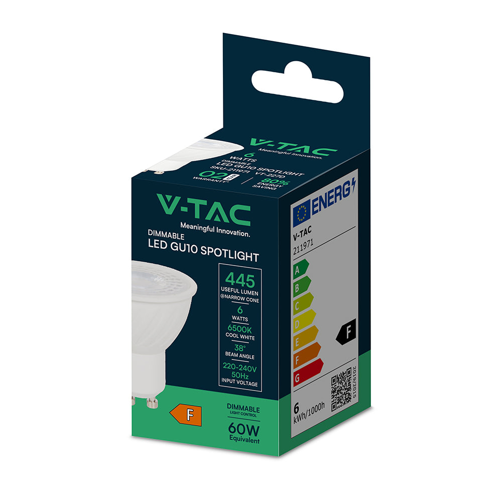 6W GU10 Żarówka LED / Barwa:6500K / Kąt 38' / Ściemniana / Trzonek:GU10