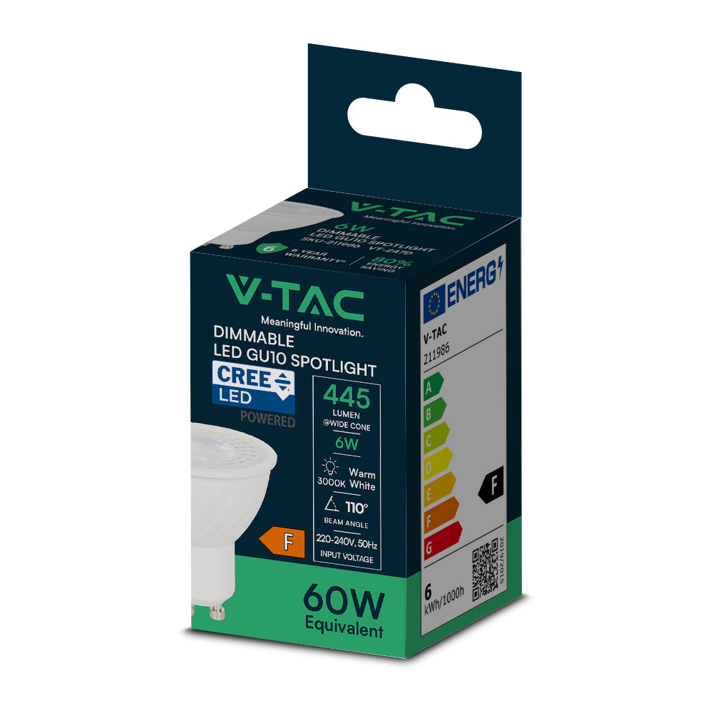 6W GU10 Żarówka LED / Chip CREE / Barwa:3000K / Kąt 110' / Ściemniana / Trzonek:GU10 / Gwarancja: 6lat