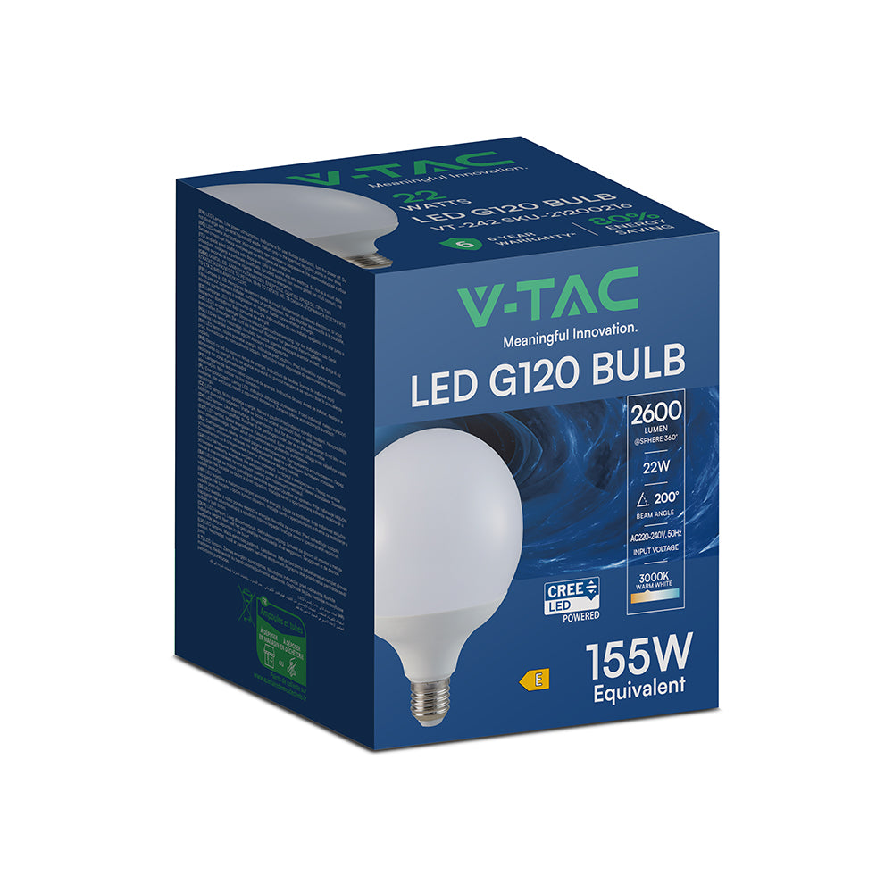 22W G120 Żarówka LED / Chip CREE / Barwa:3000K / Trzonek:E27 / 6 Lat gwarancji