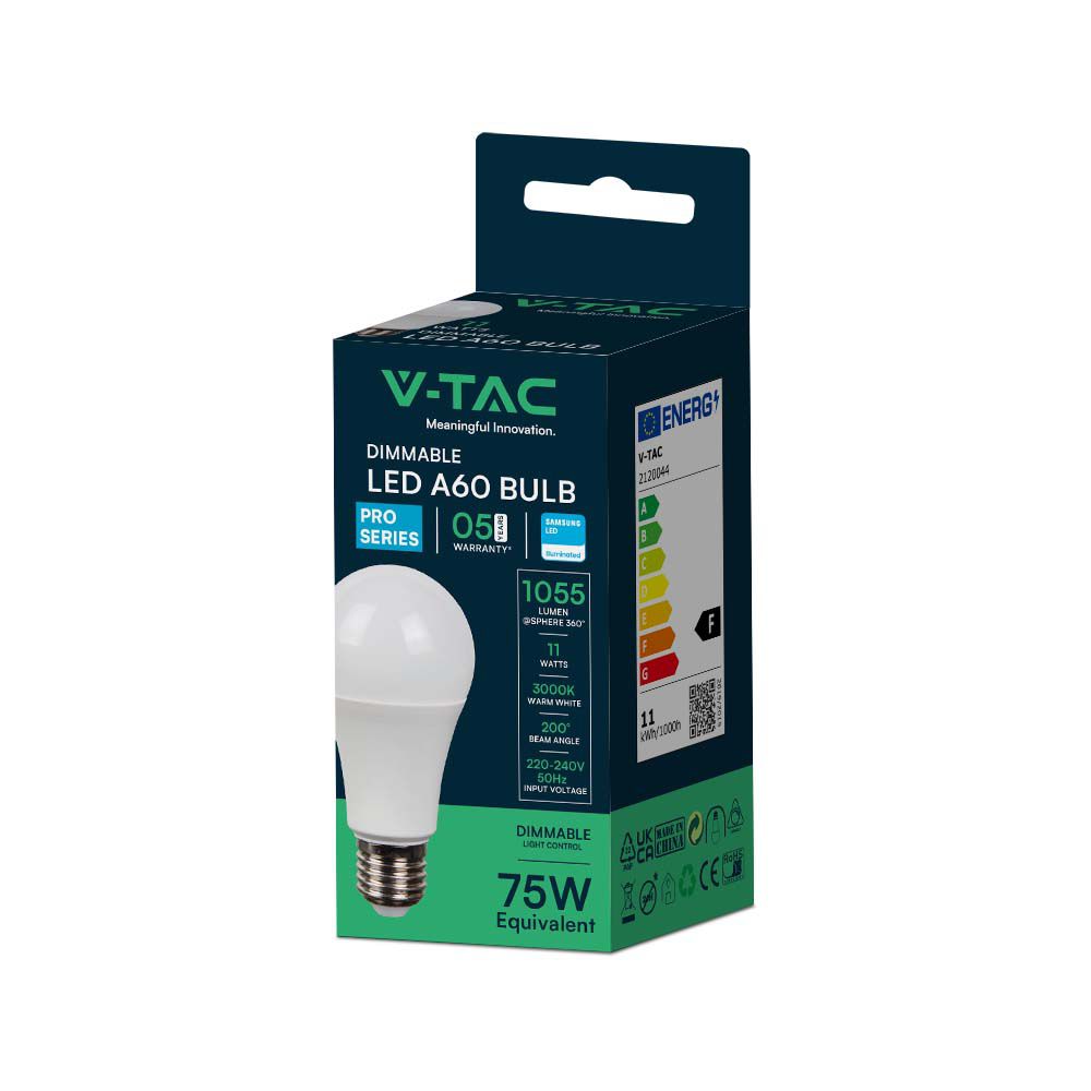 11W Żarówka LED A60 / Chip SAMSUNG / Barwa:3000K / Trzonek:E27 / Ściemniana