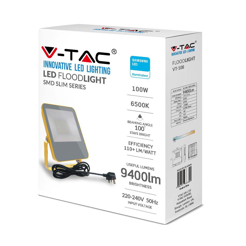 100W Naświetlacz LED SMD / Chip Samsung / Barwa:6500K / Obudowa: Żółty / Skuteczność 100lm/W / Wtyczka BG