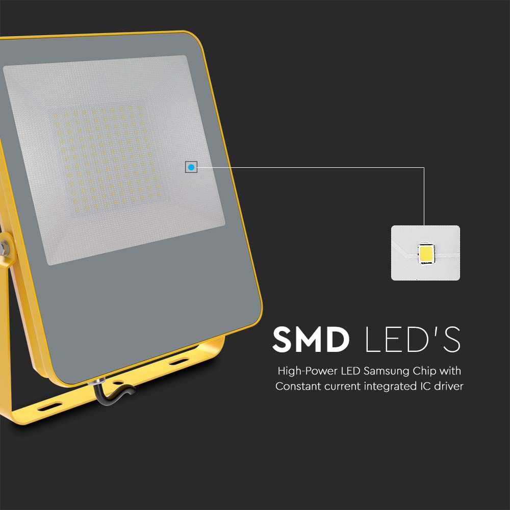 100W Naświetlacz LED SMD / Chip Samsung / Barwa:6500K / Obudowa: Żółty / Skuteczność 100lm/W / Wtyczka BG