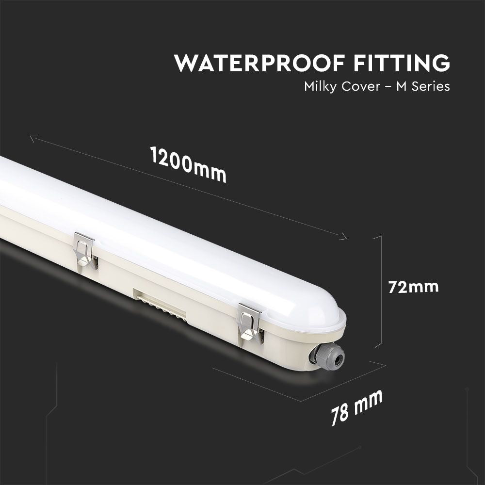 36W Lampa hermetyczna 120CM / Chip Samsung / Klosz Mleczny / Klipsy: stal nierdzewny / Barwa:6500K