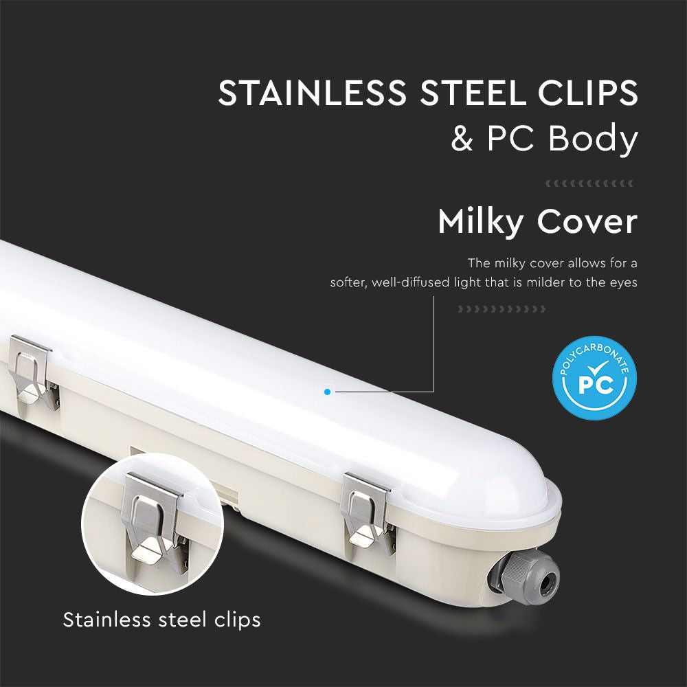 48W Lampa hermetyczna 150cm/ Chip Samsung / Moduł awaryjny 3H /Klosz Mleczny / Klipsy: stal nierdzewny / Barwa:4000K