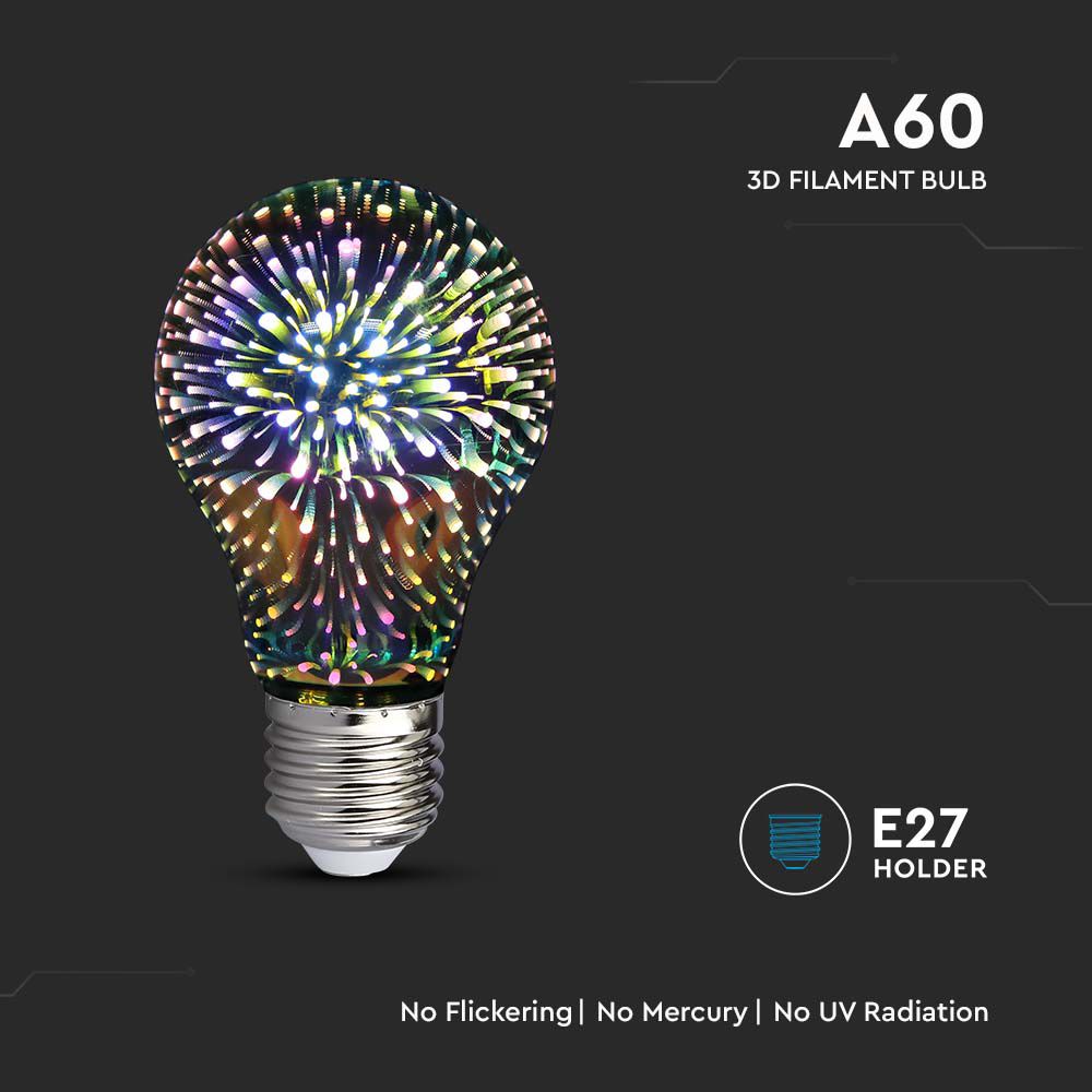 3W A60 Żarówka LED Filament 3D / Barwa:3000K / Trzonek:E27
