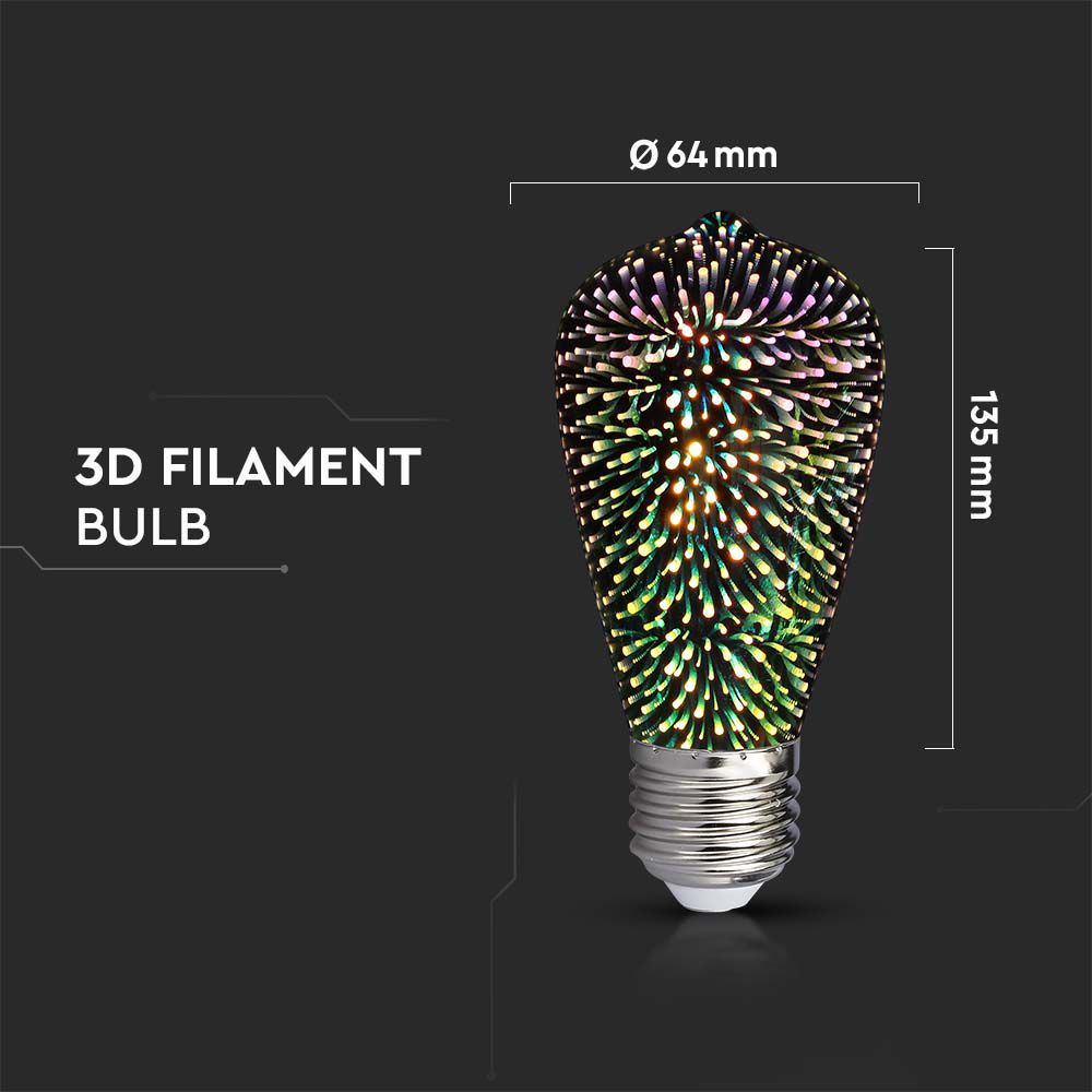 3W ST64 Żarówka LED Filament 3D / Barwa:3000K / Trzonek:E27