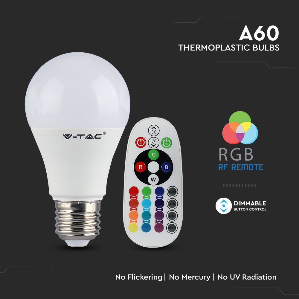 8.5W A60 Żarówka LED sterowana pilotem / Barwa:RGB+3000K / Trzonek:E27