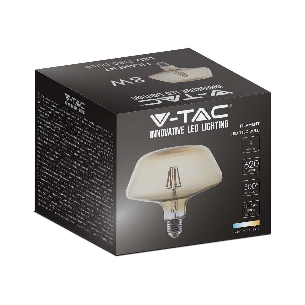 8W T180 Żarówka LED Filament / Klosz Bursztynowy / Barwa:1800K / Trzonek:E27