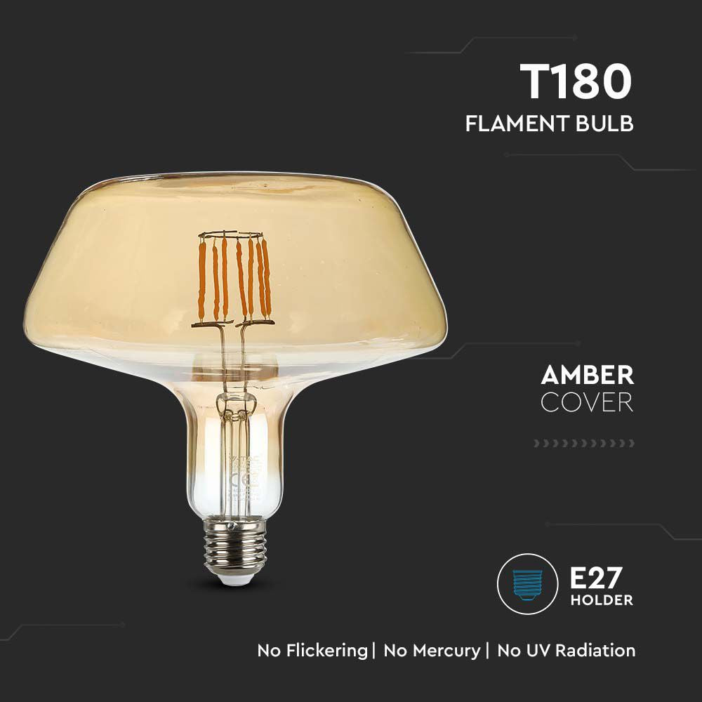 8W T180 Żarówka LED Filament / Klosz Bursztynowy / Barwa:1800K / Trzonek:E27