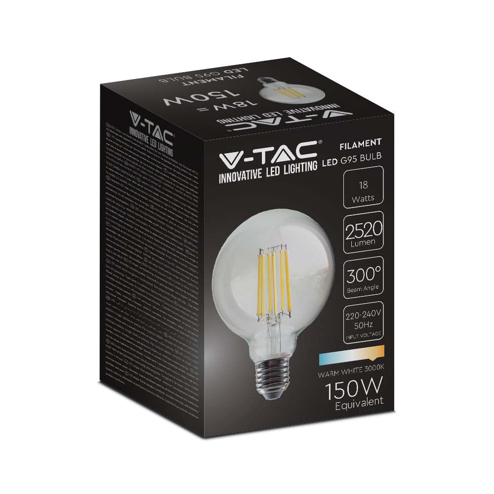 18W G95 Żarówka LED Filament / Barwa:3000K / Skuteczność: 135lm/W / Trzonek:E27