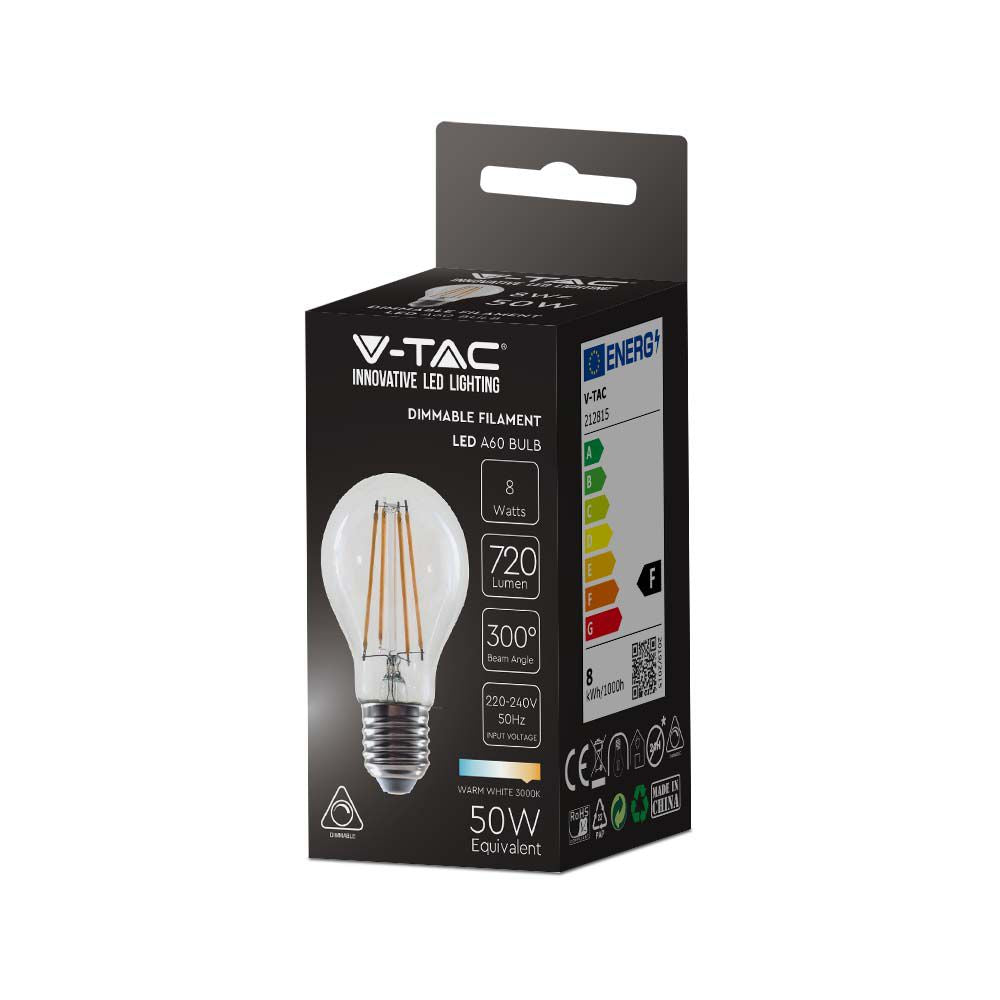 8W A65 Żarówka LED Filament / Barwa:3000K / Ściemniana / Trzonek:E27