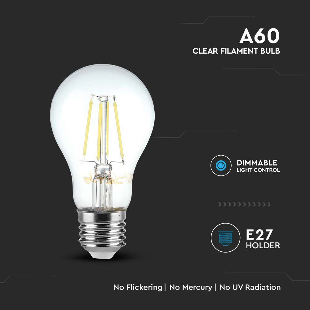8W A65 Żarówka LED Filament / Barwa:3000K / Ściemniana / Trzonek:E27