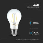 8W A65 Żarówka LED Filament / Barwa:3000K / Ściemniana / Trzonek:E27