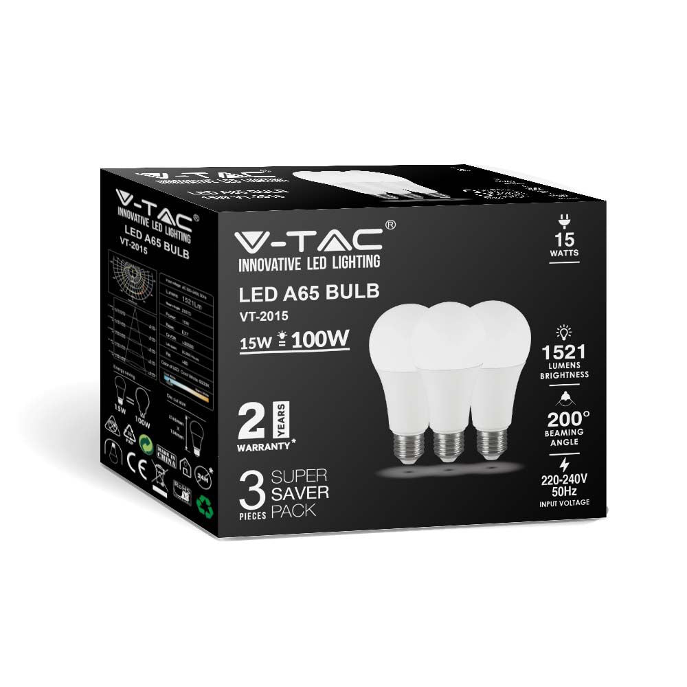 15W A65 Żarówka LED / Barwa:6500K / Trzonek: E27 / Opakowanie: 3szt.