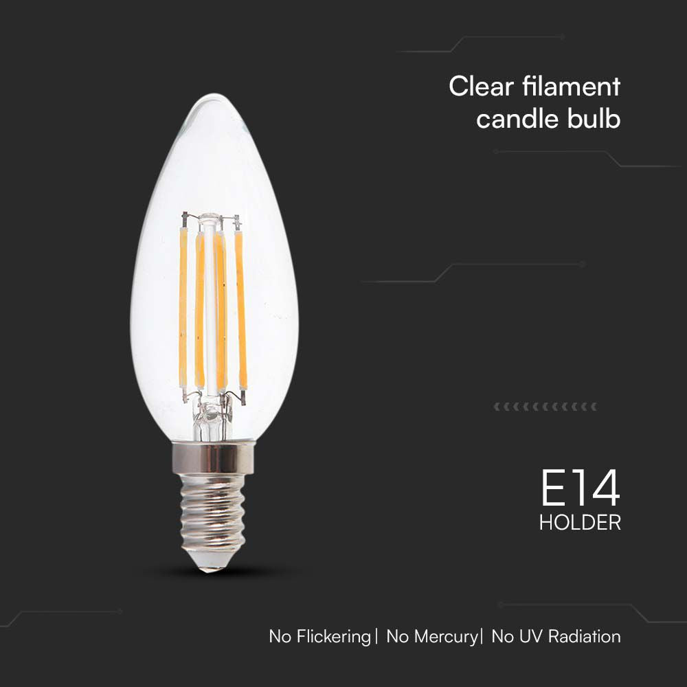6W C35 Filament / Klosz Transparentny/ Barwa:3000K / Trzonek: E14 / Skuteczność: 130lm/W