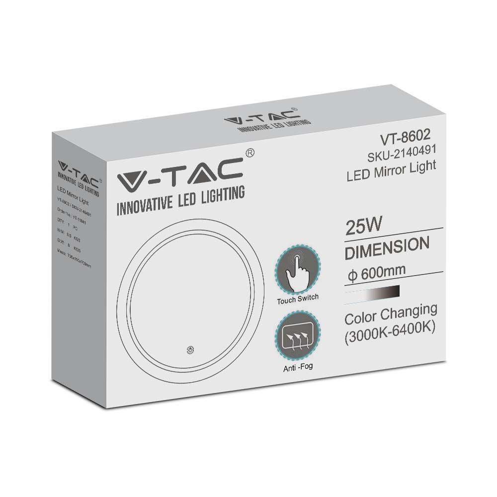 25W Lustro z podświetleniem LED z wyłącznikiem / Anti fog / Barwa: 3w1 / Wymiary: 600x600mm
