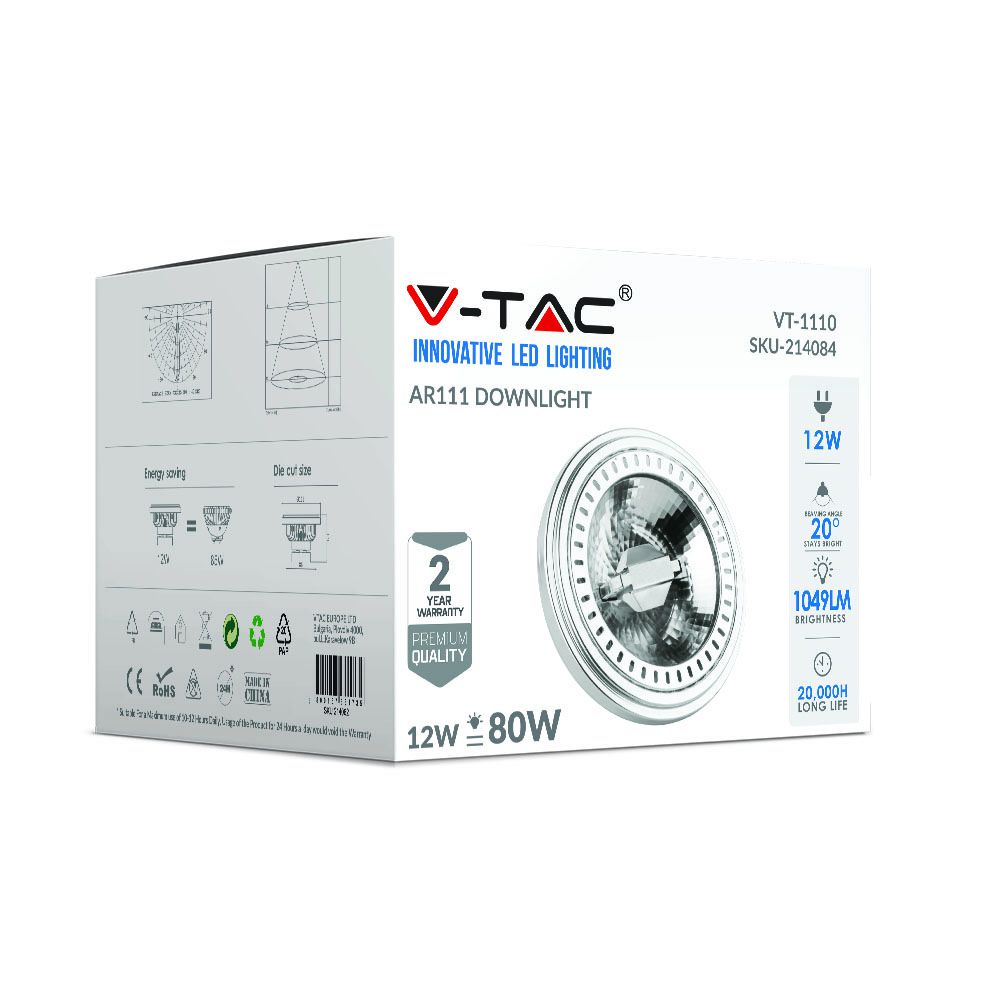 13,5W AR111 Żarówka LED / Barwa:3000K / Kąt 20' / Trzonek: G53 / Zasilanie:12V