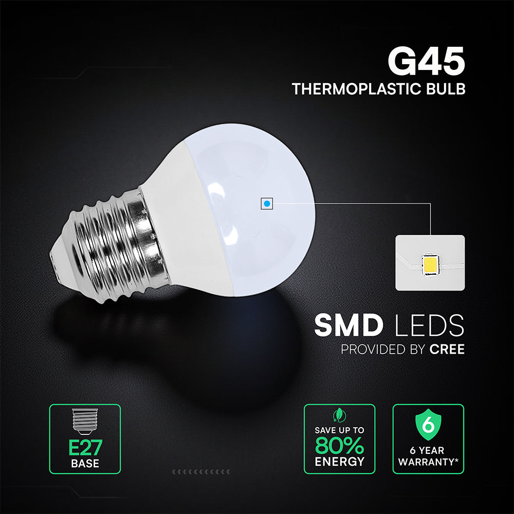 3.7W G45 Żarówka LED / Chip CREE / Barwa:3000K / Trzonek:E27 / 6 Lat gwarancji