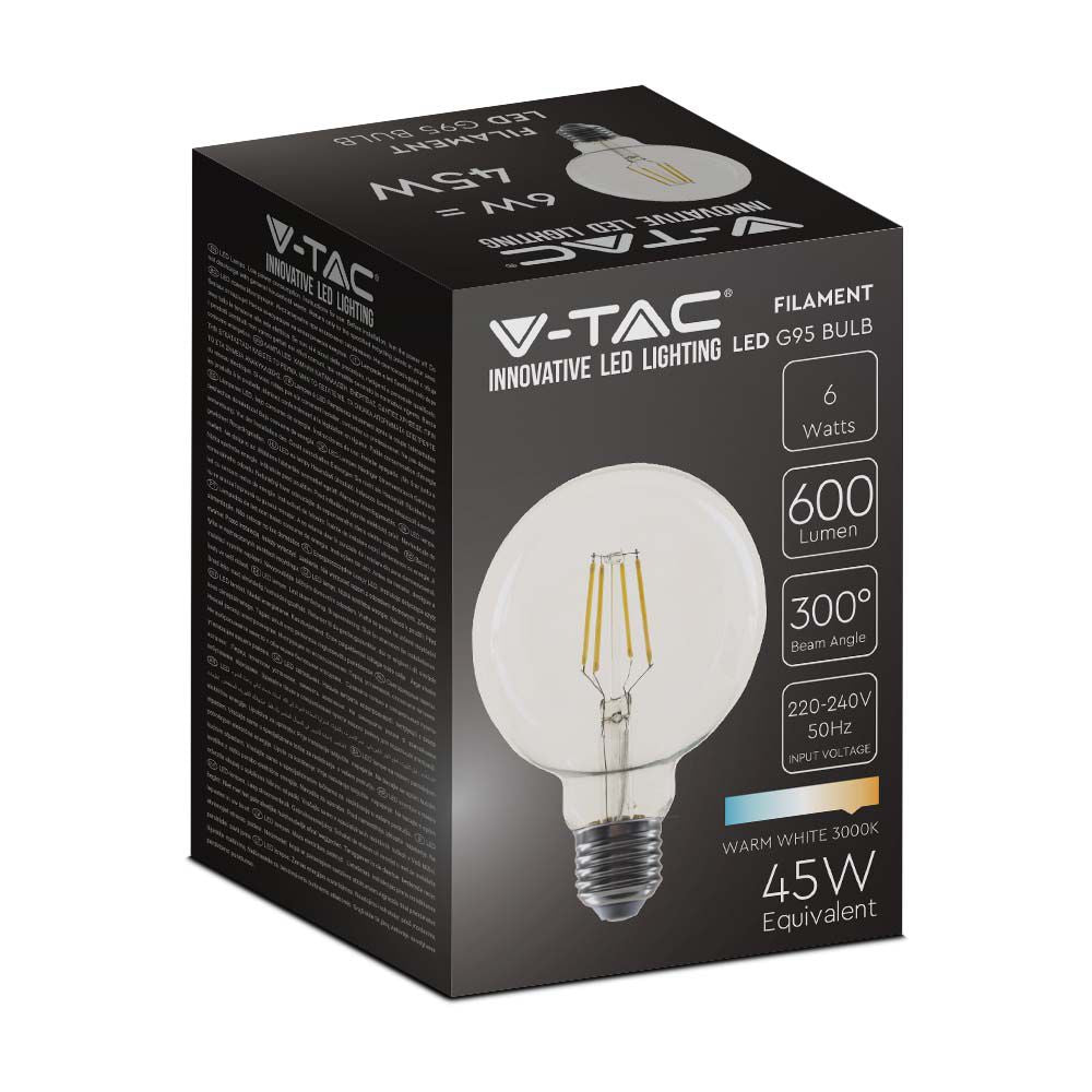 6W G95 Żarówka LED Filament / Klosz Transparentny / Barwa:3000K / Trzonek:E27
