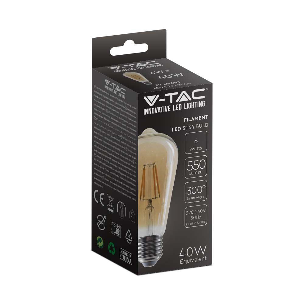 6W LED ST64 Żarówka LED Filament / Klosz: Bursztynowy / Barwa:2200K / Trzonek:E27