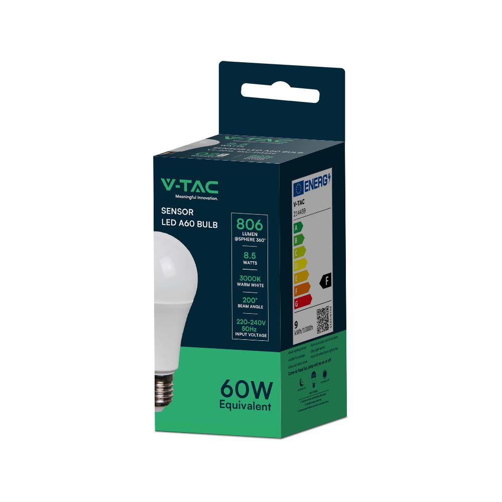 8.5W A60 Żarówka LED z czujnikiem mikrofalowy / Barwa:3000K / Trzonek:E27 / Kąt 200'D