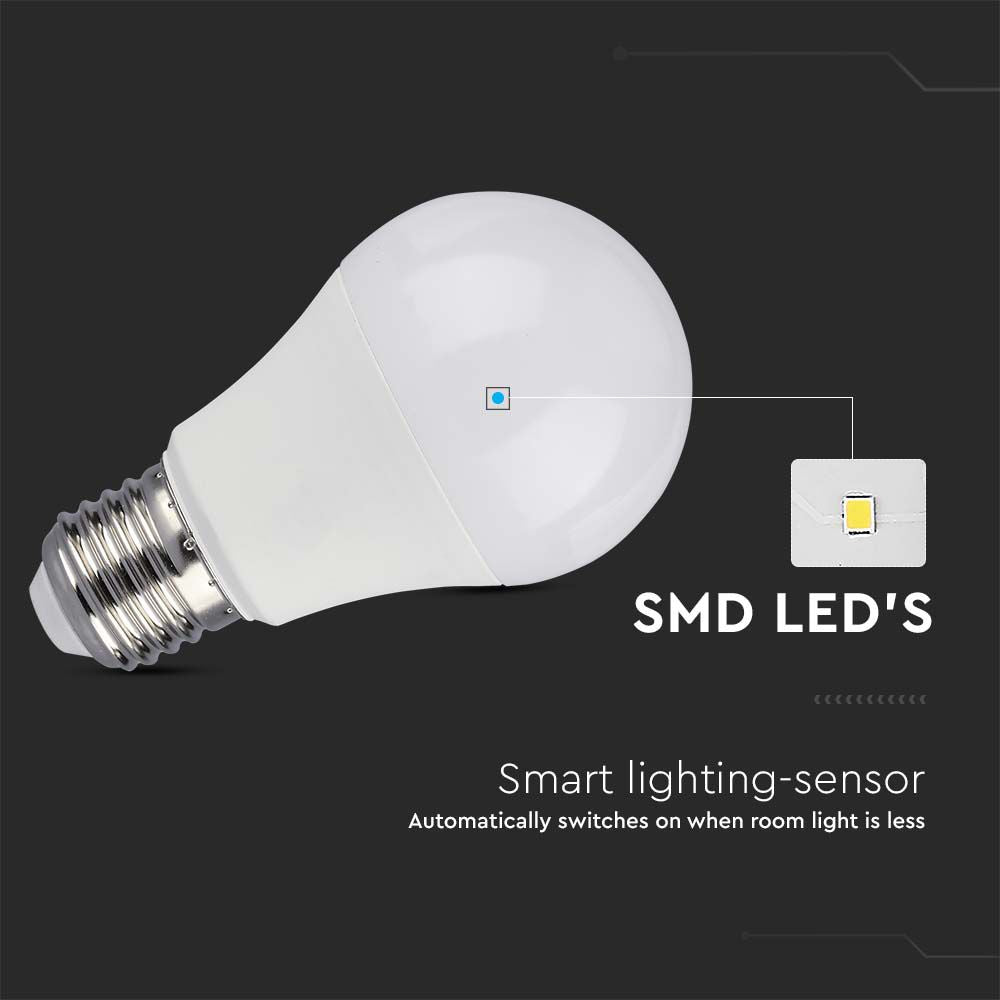 8.5W A60 Żarówka LED z czujnikiem mikrofalowy / Barwa:3000K / Trzonek:E27 / Kąt 200'D