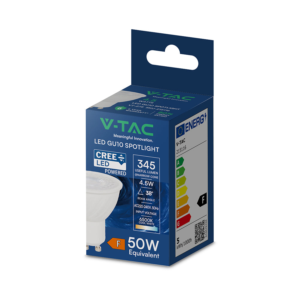 4.5W GU10 Żarówka LED / Chip CREE / Barwa:6500K / Kąt 38' / Trzonek:GU10