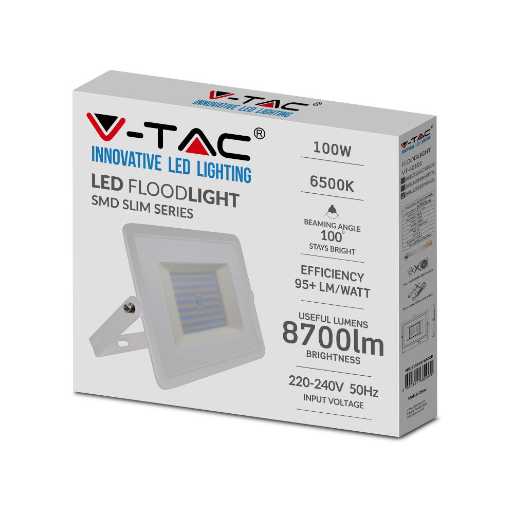 100W Naświetlacz LED SMD / Barwa:6500K / Obudowa: Biała