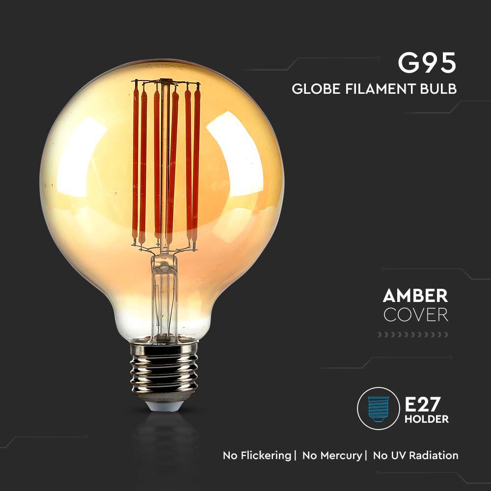 7W G95 Żarówka LED Filament / Klosz Bursztynowy / Barwa:2200K / Trzonek:E27