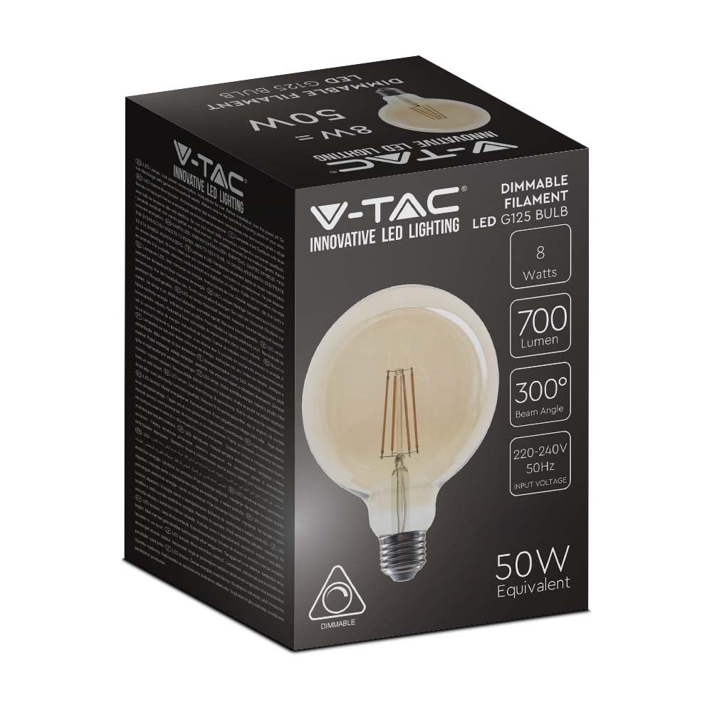 8W G125 Żarówka LED Filament / Klosz Bursztynowy / Ściemniana / Barwa:2200K / Trzonek:E27