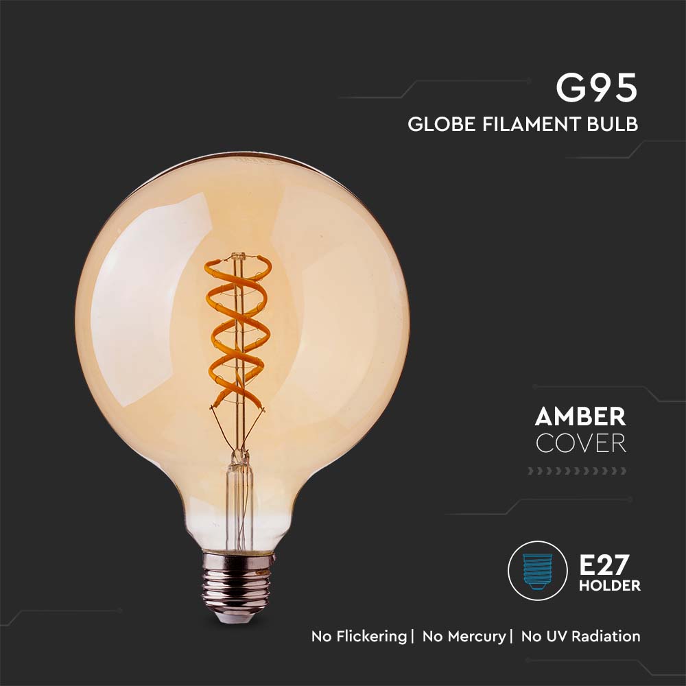 5W G95 Żarówka LED Filament Globe / Barwa:1800K / Klosz: Bursztynowy / Trzonek: E27