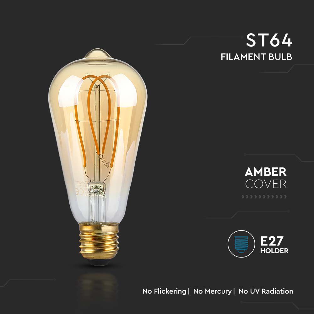 5W ST64 Żarówka LED Filament-Deko / Barwa:1800K / Klosz: Bursztynowy / Trzonek: E27