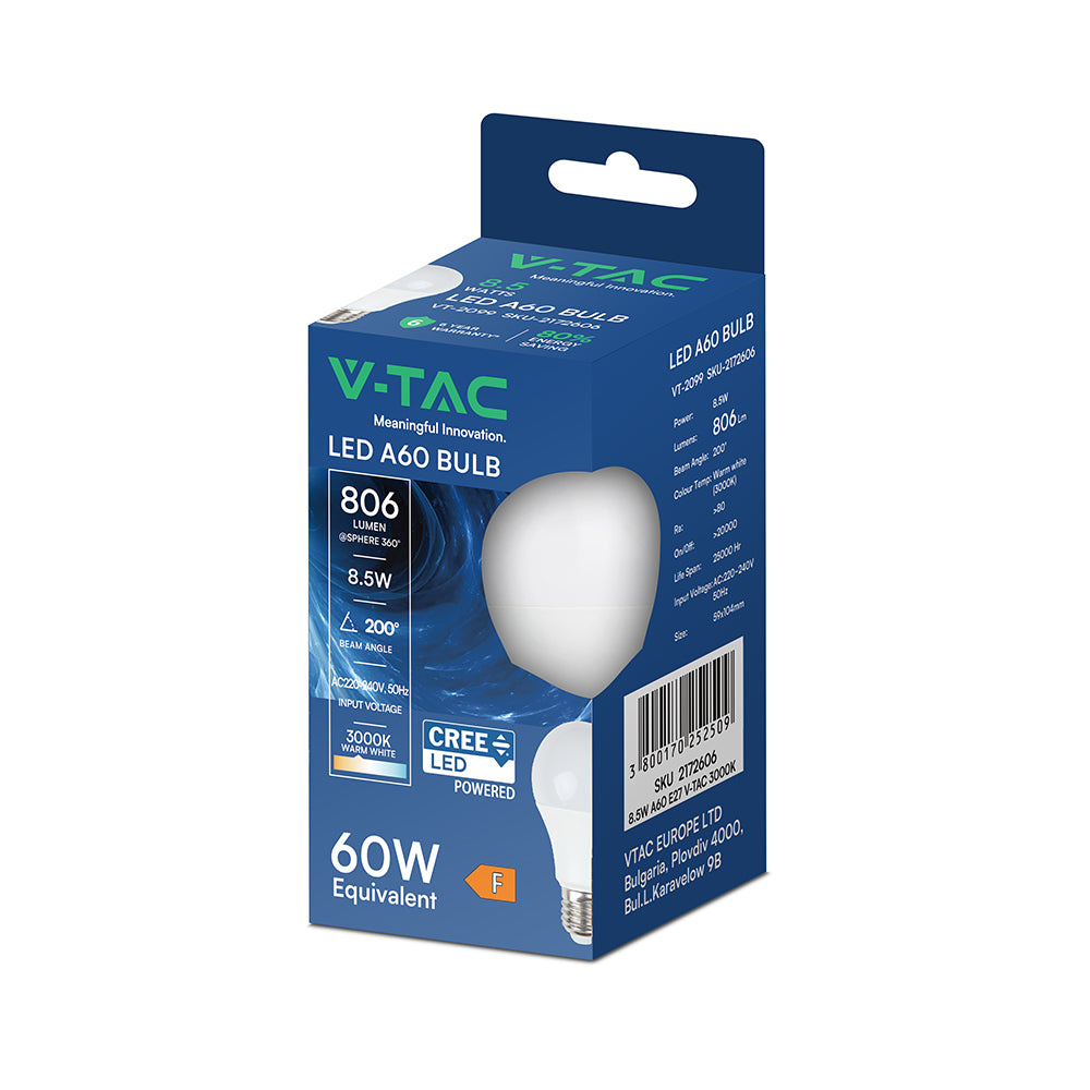 8.5W A60 Żarówka LED / Chip CREE / Barwa:3000K / Trzonek:E27 / 6 Lat gwarancji