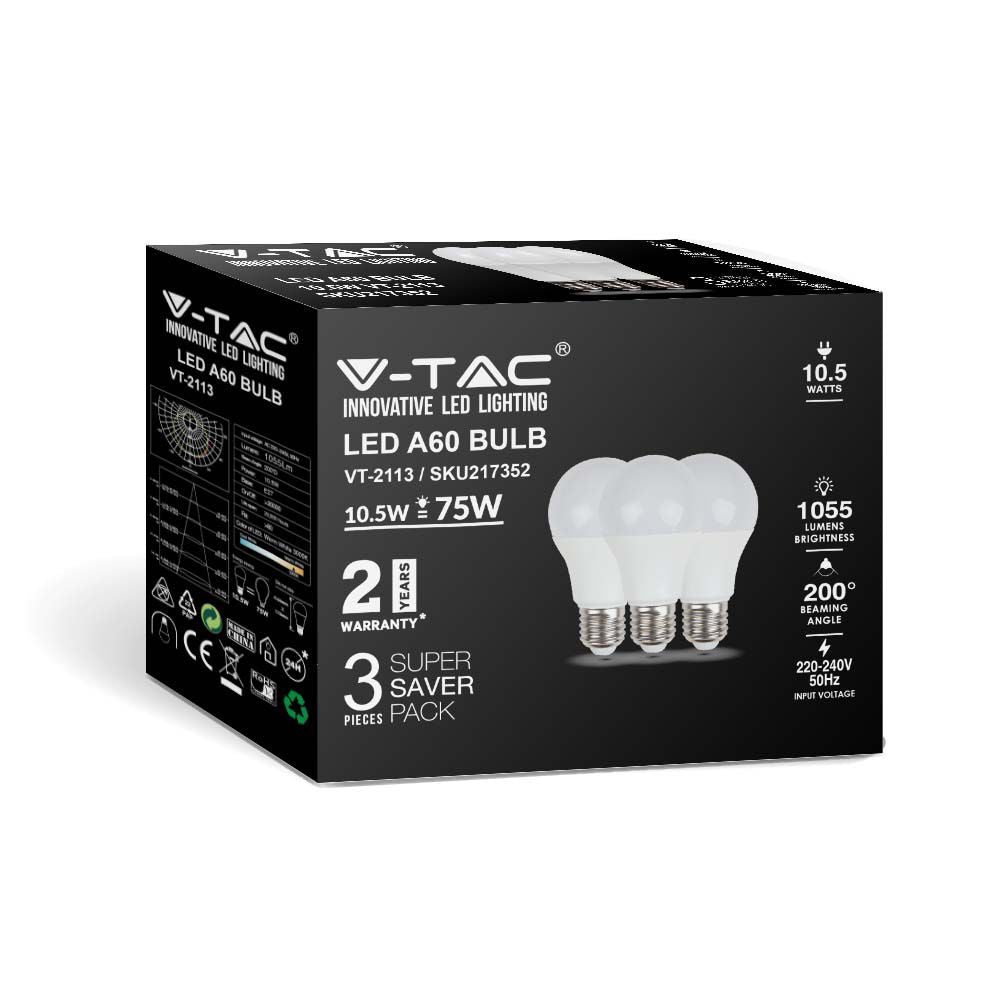 10.5W A60 Żarówka LED / Barwa:3000K / Trzonek:E27 / Opakowanie: 3szt.